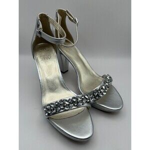 Naturalizer Cassano Women's Ankle Strap Silver Leather Cone Heels 9.5WIDE NEW